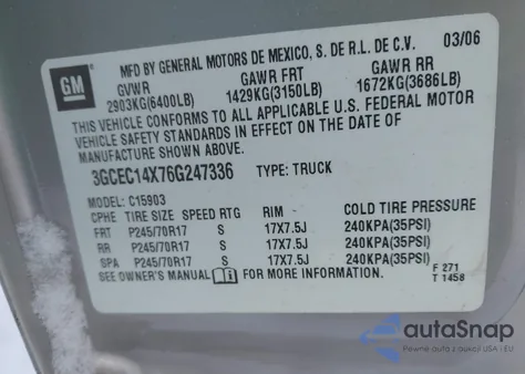 2006 Chevrolet Silverado 1500 Work Truck z USA, uszkodzony, nr VIN 3GCEC14X76G247336